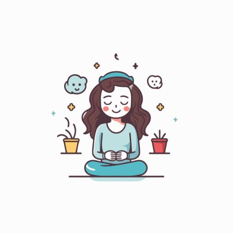 Girl sitting in lotus position and meditating. Vector illustrati