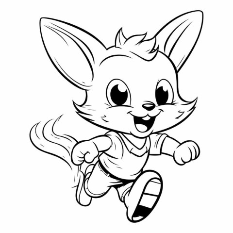 Cute Cartoon Fox Running - Black and White Vector Illustration.