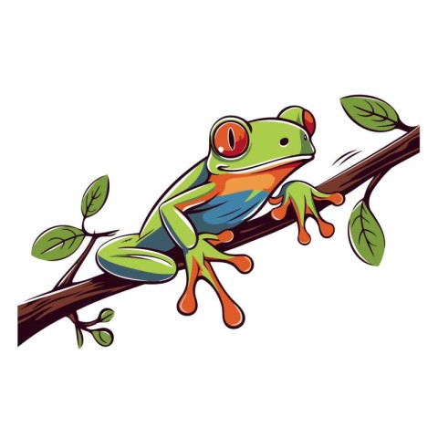 Cartoon green tree frog on a branch with leaves. Vector illustra