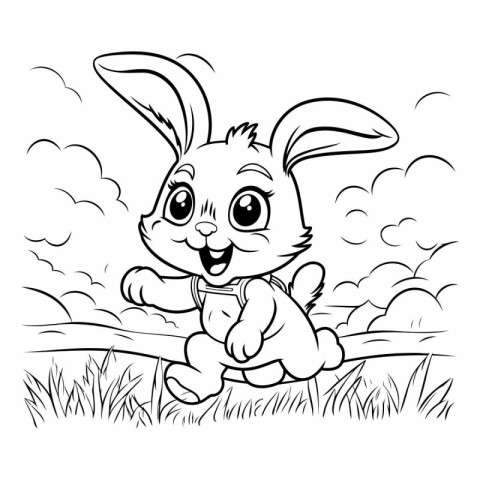 Cute cartoon bunny in the field. Vector illustration for colorin