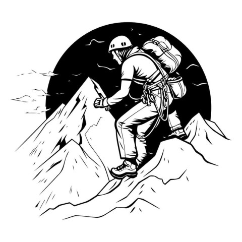 Hiker on the top of the mountain. Black and white vector illustr