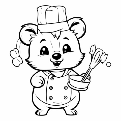 Black and White Cartoon Illustration of Bear Chef Character for