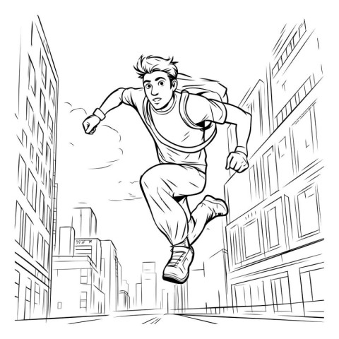 Vector illustration of a young man running in the city. Sketch s