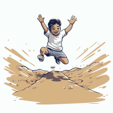 Vector illustration of a young boy jumping on the hill. Cartoon