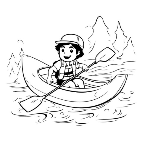 Cartoon illustration of a boy paddling a kayak on a lake