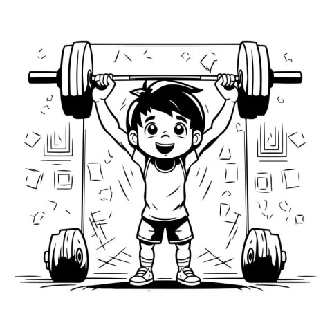 Boy lifting weights in the gym. Black and white vector illustrat