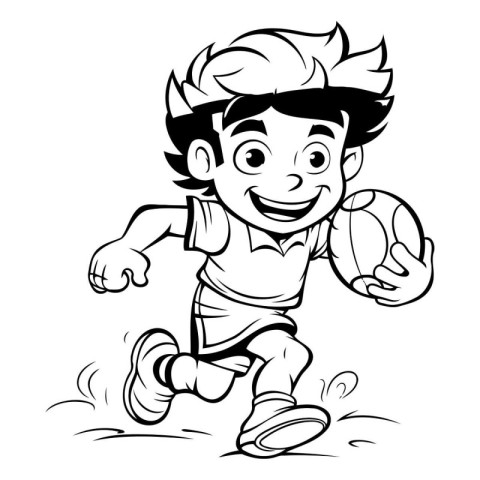 Black and White Cartoon Illustration of Little Boy Running with