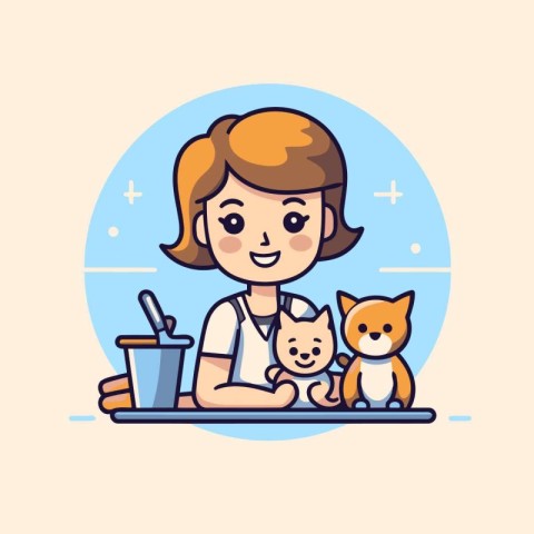 Girl with cat and dog. Vector illustration in a flat style.