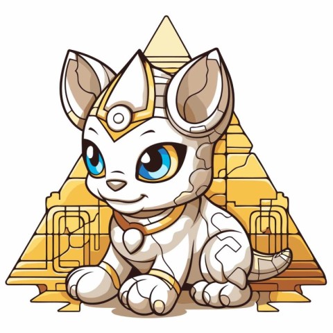 Cute cartoon cat in Egyptian pyramid. Vector illustration isolat