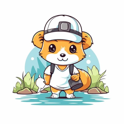 Cute dog in a helmet with a backpack. Vector illustration.