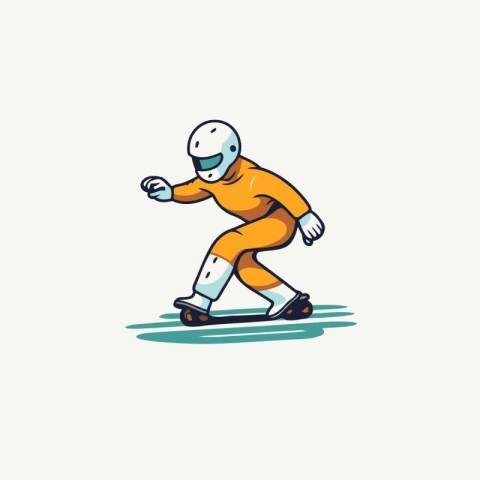 Skateboarder in orange suit and helmet riding on skateboard. Vec