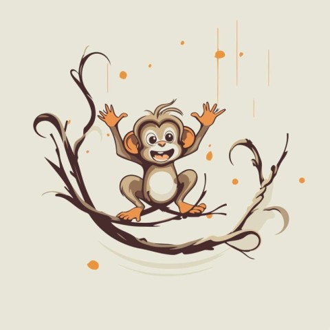 Cute monkey sitting on a branch. Vector illustration in cartoon