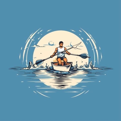 Man rowing on a boat in the sea. Vector illustration.