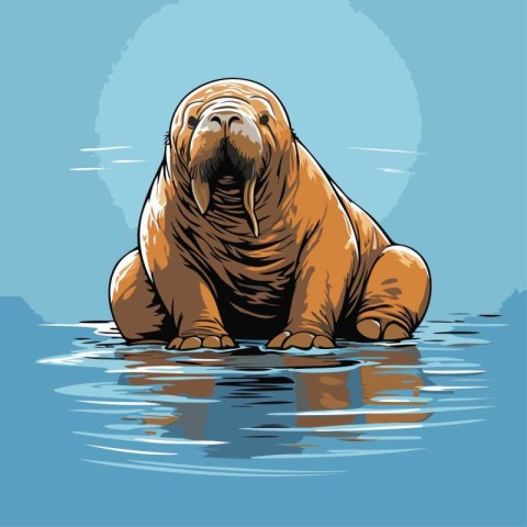 Walrus sitting on the water. Vector illustration in retro style.