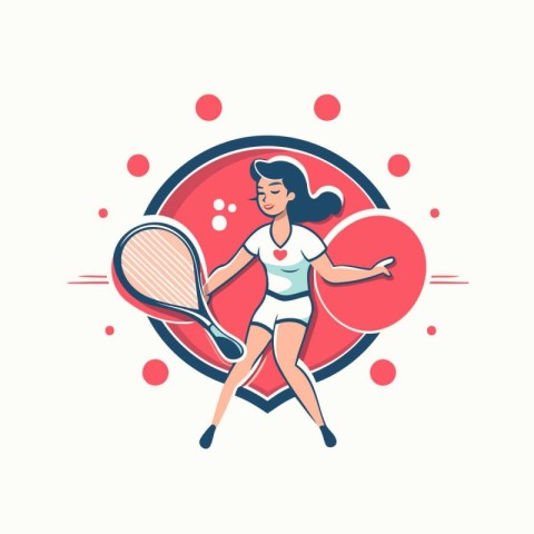 Tennis player girl with racket. Vector illustration in flat line