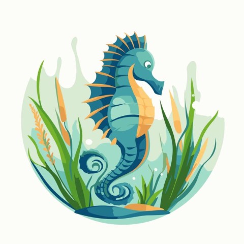 Sea horse in the water. Vector illustration in a flat style.