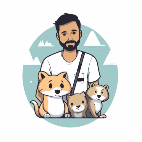 Bearded man with dogs. Vector illustration of a man with a dog.