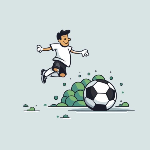 Cartoon soccer player kicking the ball. Vector illustration in f