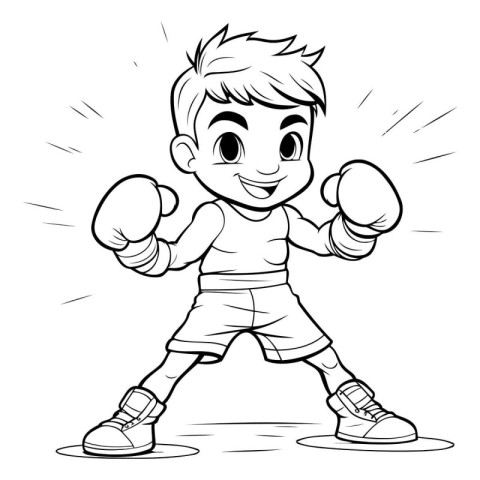 Boxing Boy - Black and White Cartoon Illustration of a Kid Boy i