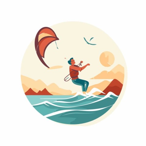 Kitesurfer on the waves. Vector illustration in flat style