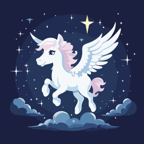 Unicorn flying in the night sky. Vector illustration for your de