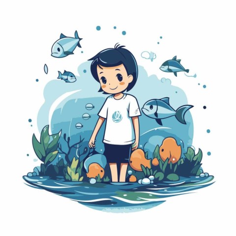 Cute little boy swimming in the sea with fishes. Vector illustra