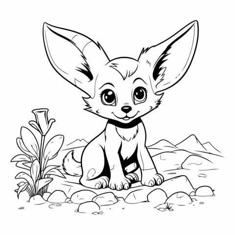 Cute cartoon fox sitting on the rock. Vector illustration for co