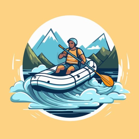 Kayaking in the mountains. Vector illustration on a yellow backg