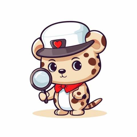 Cute cheetah in hat and scarf with magnifying glass