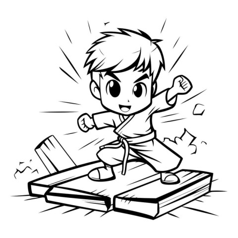 Black and White Cartoon Illustration of Martial Arts Kid Boy Pra