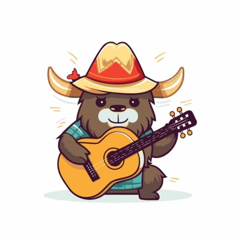 Vector illustration of a cute bull playing guitar. Isolated on w