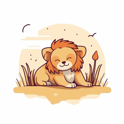 Cute lion sitting on the grass. Vector illustration in cartoon s