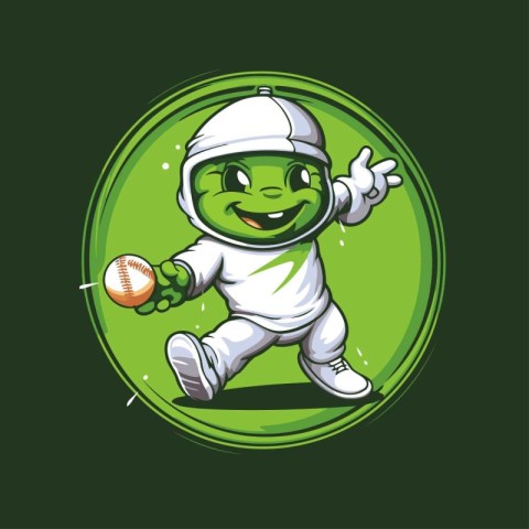 Cute cartoon astronaut with baseball ball on green background. V