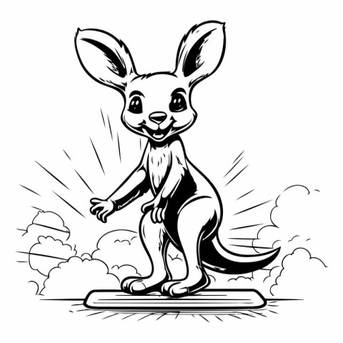 Black and White Cartoon Illustration of Kangaroo Jumping on a Tr