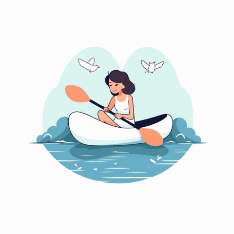 Cute girl in a kayak on the river. Vector illustration in flat s