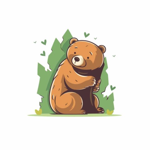 Cute cartoon brown bear sitting on the grass. Vector illustratio