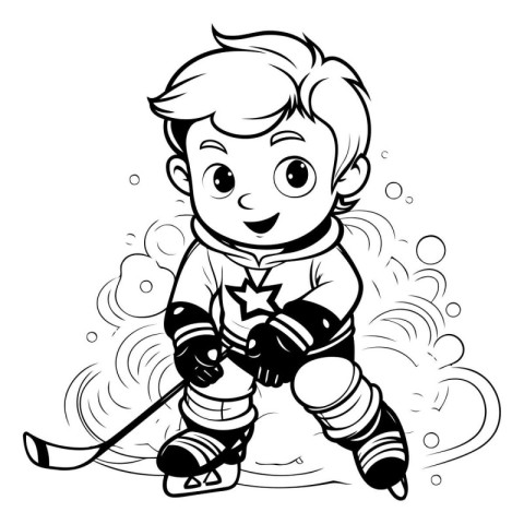 Cute boy playing hockey. black and white vector illustration for