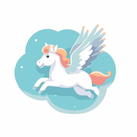 Cute white unicorn with wings flying in the sky. Vector illustra