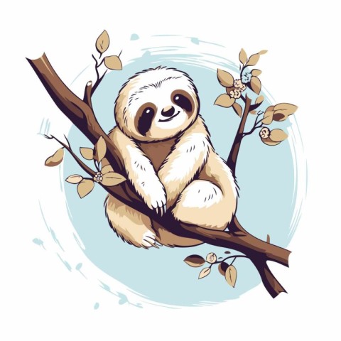 Cute sloth sitting on a tree branch. Vector illustration.