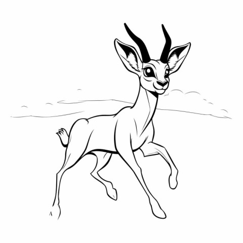 Black and white vector illustration of a running antelope on a w