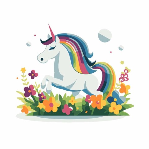 Unicorn in the meadow with flowers. Vector illustration.