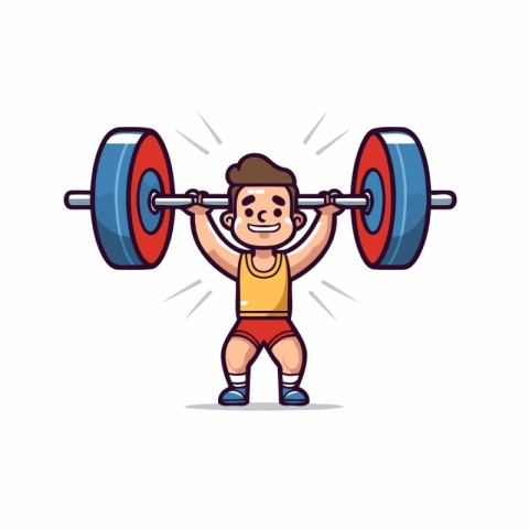 Fitness boy with barbell. Cartoon character. Vector illustration