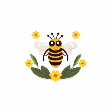 Cute cartoon bee with flowers. Vector illustration in flat style