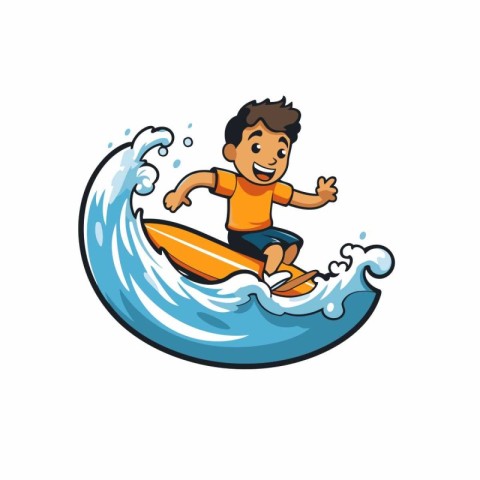 Cartoon man surfing on a wave. Vector illustration on white back