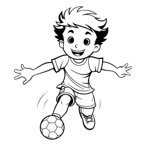 Boy playing soccer cartoon vector illustration. Coloring book fo