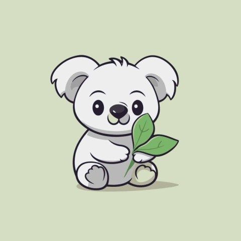 Cute koala holding a green leaf. Vector cartoon illustration.