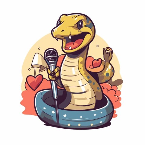 Cute cartoon snake holding a microphone and singing. Vector illu