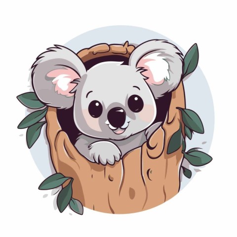 Cute koala in the hollow of a tree. Vector illustration.