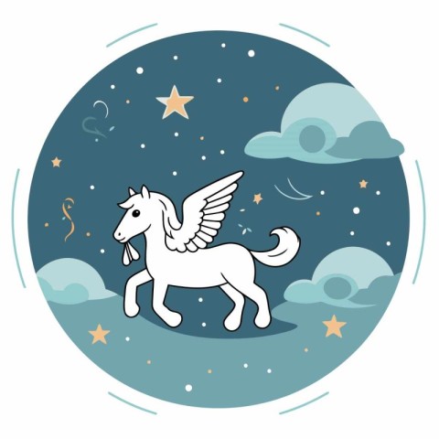 Unicorn in the starry sky. Vector illustration in cartoon style.