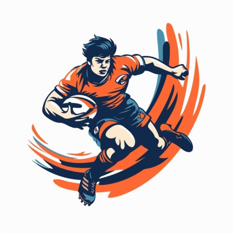 Rugby player running with ball. Vector illustration on white bac